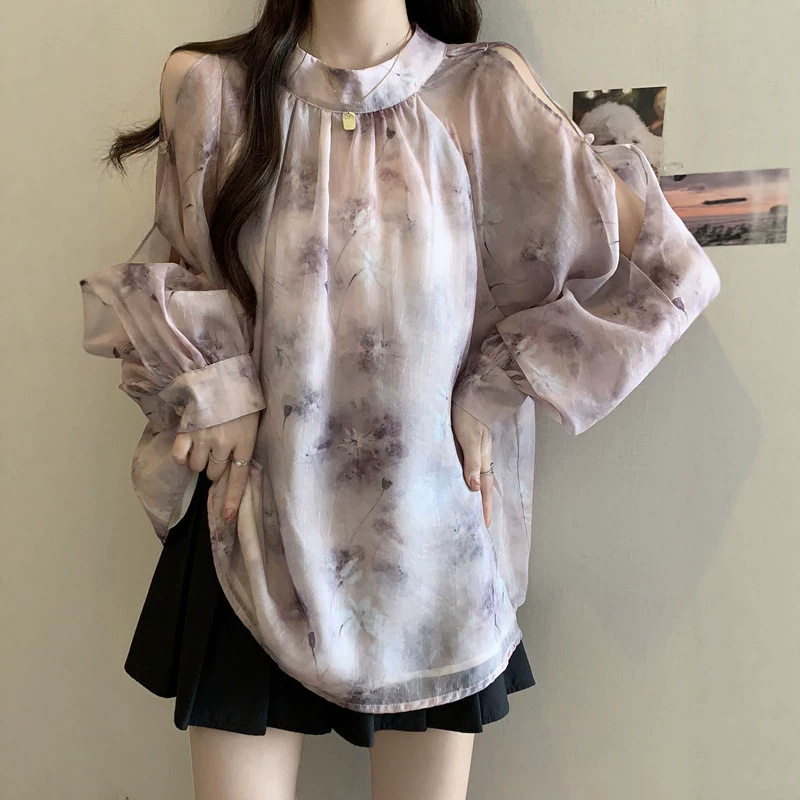 2026大码女装秋季露肩立领后背蝴蝶结心机泡泡袖碎花雪纺衬衫上衣