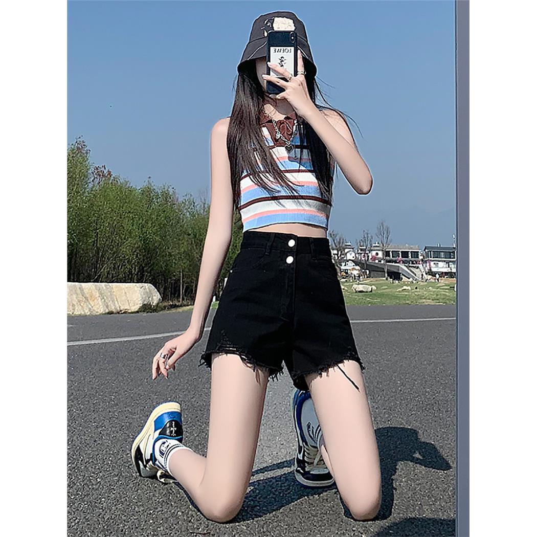 黑色高腰破洞牛仔短裤女2