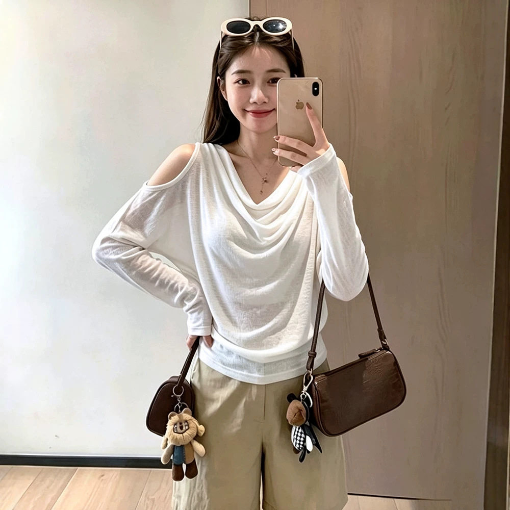 莱赛尔天丝韩系感荡领露肩长袖T恤衫夏季女百搭显瘦宽松慵懒上衣