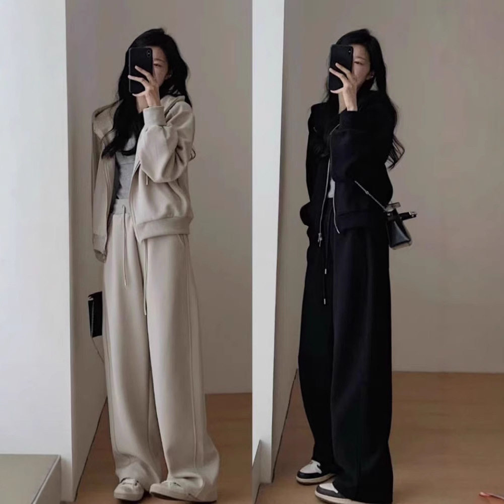 慵懒风秋季休闲运动时尚套装女韩剧女主短款外套拖地阔腿裤两件套