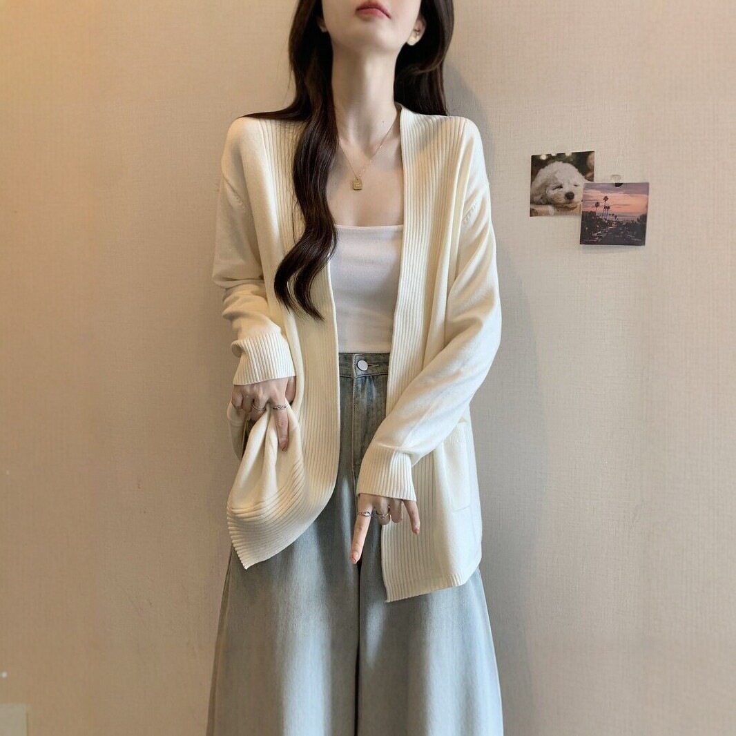慵懒风灰色针织开衫外套女春秋款2026新款外搭披肩中长款上衣大码