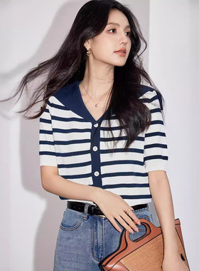 藏蓝色短袖条纹冰丝针织开衫女夏2026新款海军领撞色薄款别致上衣