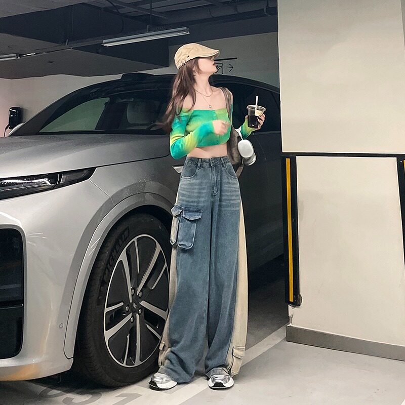 立体口袋阔腿牛仔裤女春秋新款宽松显瘦梨型身材遮胯休闲直筒长裤