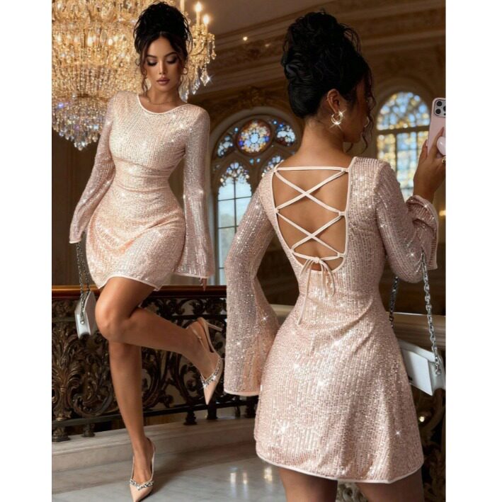 欧美春夏新款时尚修身圆领露背绑带亮片长袖连衣裙A字裙