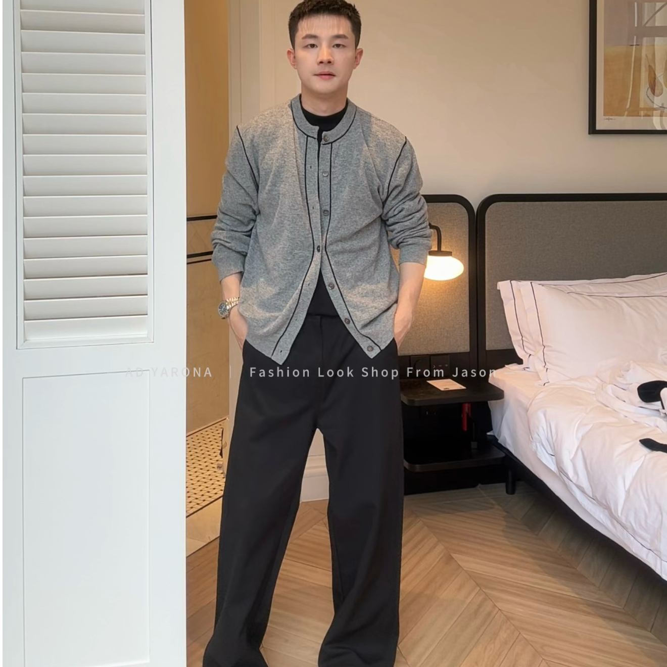 阿地100%羊毛简约圆领针织开衫