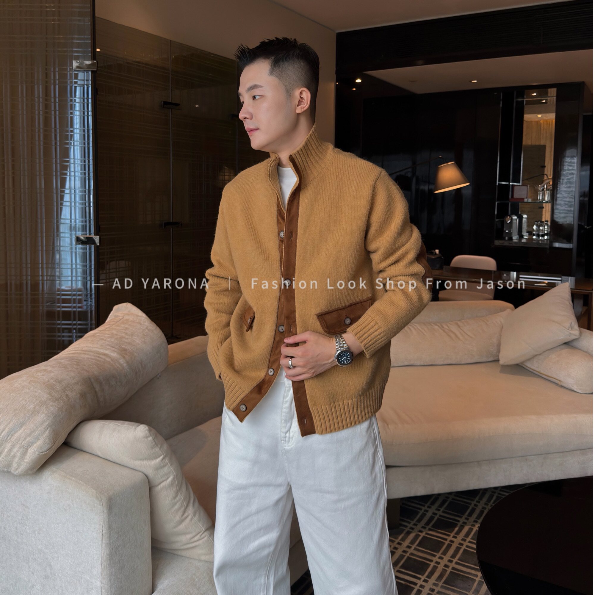 阿地服装&middot;安曼 7针羊毛极简拼皮设计单排扣慵懒感男士1000克毛衣