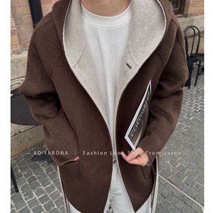 阿地服装·半岛 100初剪双面羊毛双面穿连帽外套男士中长款大衣