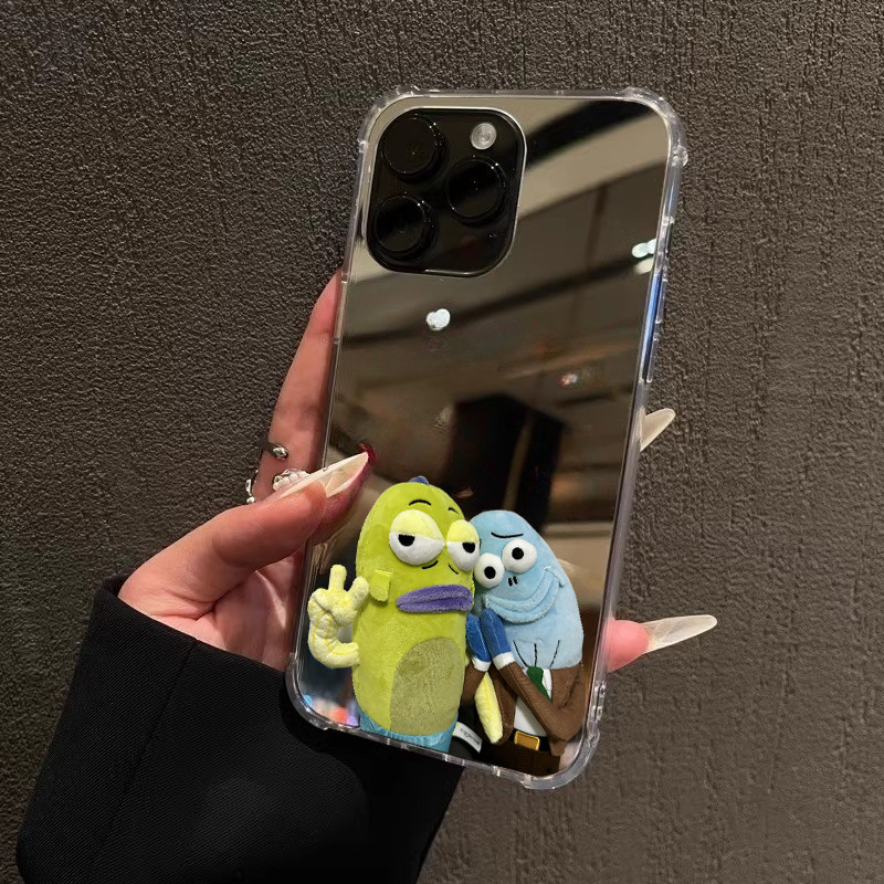 公仔酷酷鱼镜面手机壳适用华为P90pro max可爱Mate60比奇堡苹果17丑鱼OPPOReno15VIVOS20小米14三星S25情侣款