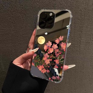 粉色海棠花镜面手机壳适用iPhone17promax花朵苹果16pro13华为Mate70透明小米15夜色OPPOReno镜面VIVOS20k80