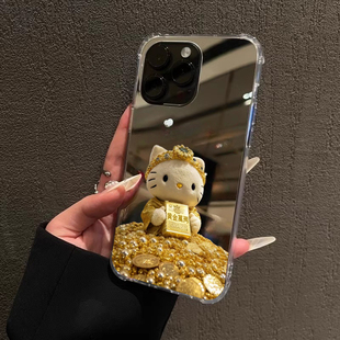 黄金万两KT猫手机壳适用iPhone16promax荣耀200镜面华为Mate70HelloKitty凯蒂猫小米公仔OPPO补妆VIVOS20新年