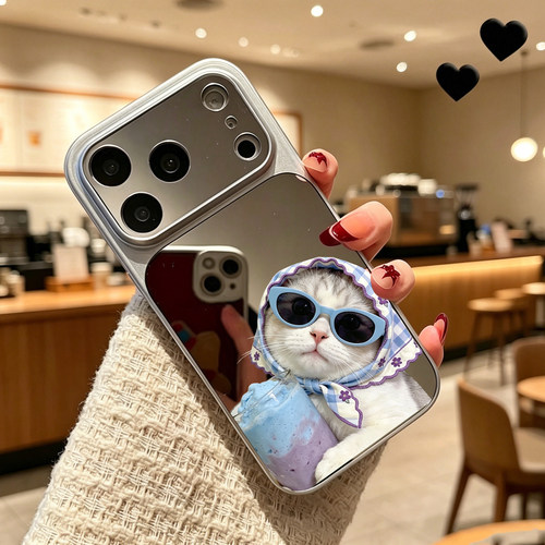 甜酷风小猫手机壳镜面适用iPhone17promax苹果16pro镜面15大视窗13可爱17pro奢华猫咪1412少女软胶15补妆镜子