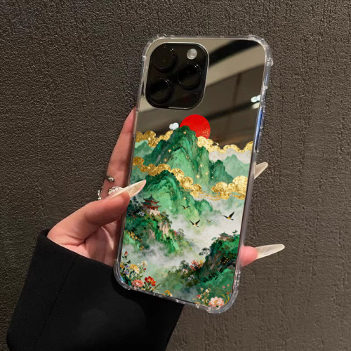 红日鸟语青山画手机壳适用华为P90pro max新中式Mate60高能量苹果17国风OPPOReno15金边VIVOS20小米14三星S25