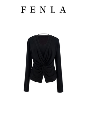 【惠姐私服】韩系设计感挂脖假两件长袖针织修身显瘦上衣 85099