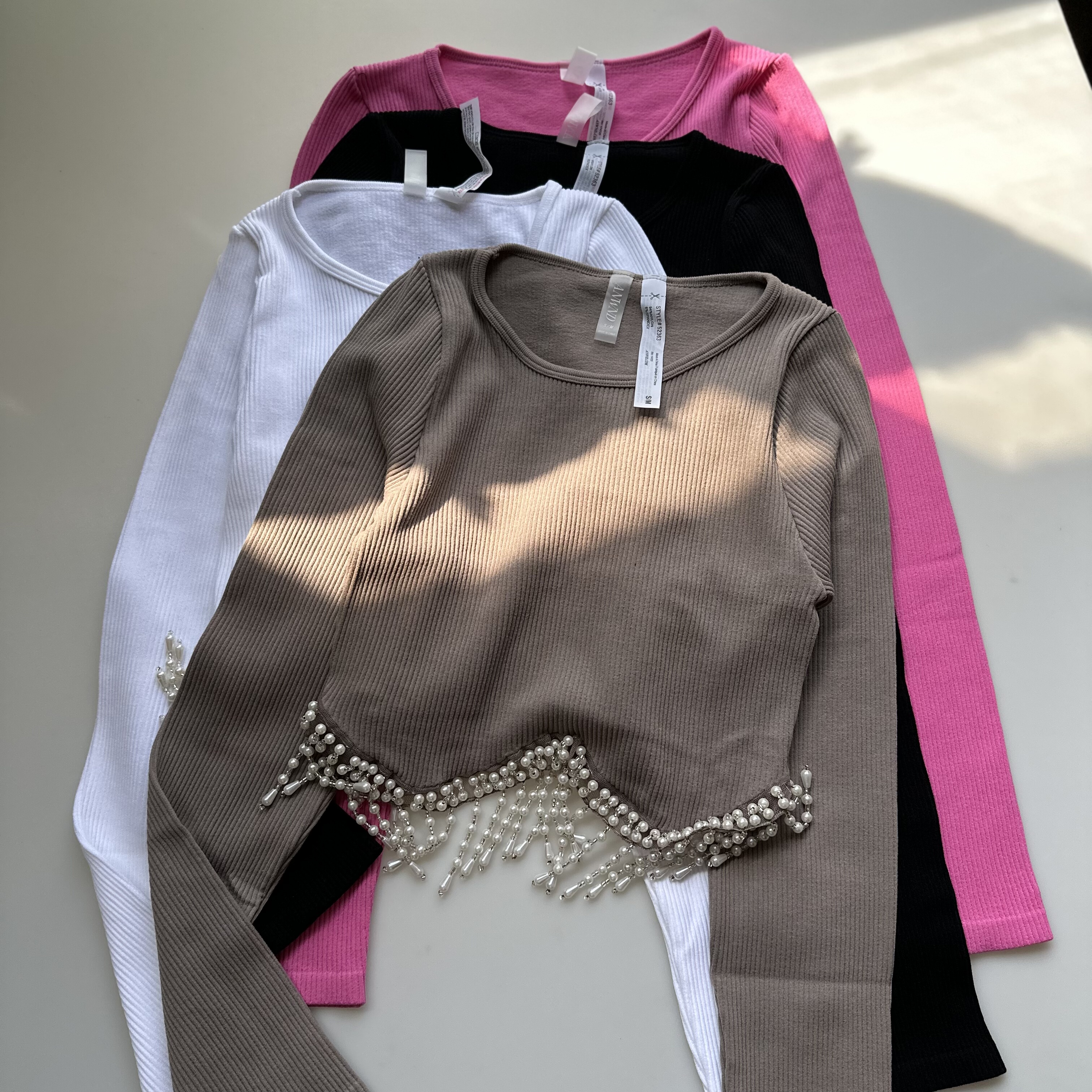 外贸原单性感流苏圆领长袖T恤女修身短款瑜伽舞蹈服健身上衣速干