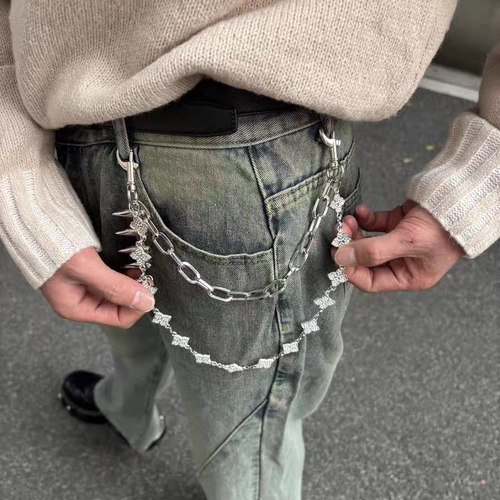 闪银宽四叶草cleanfit银宝石裤链