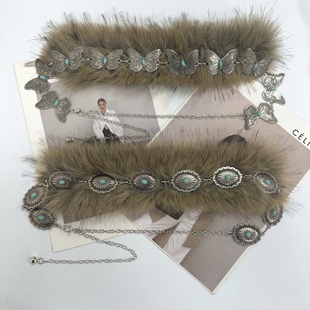 波西米亚复古宝石小众设计毛毛秋冬仿皮草腰链民族风蝴蝶腰带腰封