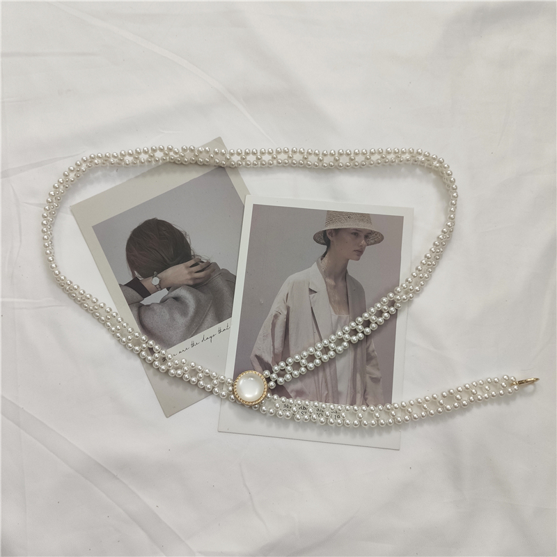 加长珍珠腰链腰带装饰小香风白色