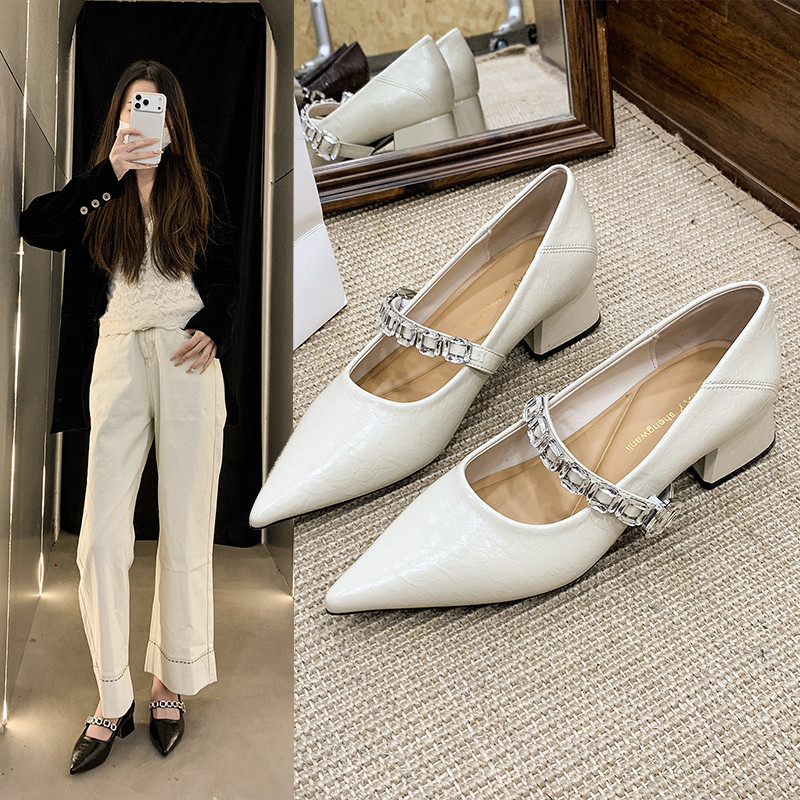 法式粗跟高跟尖头单鞋女2026新款春秋配裙子中跟扣带玛丽珍小皮鞋,女鞋,玛丽珍鞋,淘宝优惠券,粉丝福利购,淘宝优惠卷