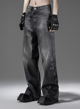 TEAMGEEK 2023SS P3 重磅刷蜡水洗做旧黑宽松阔腿直筒先锋牛仔裤