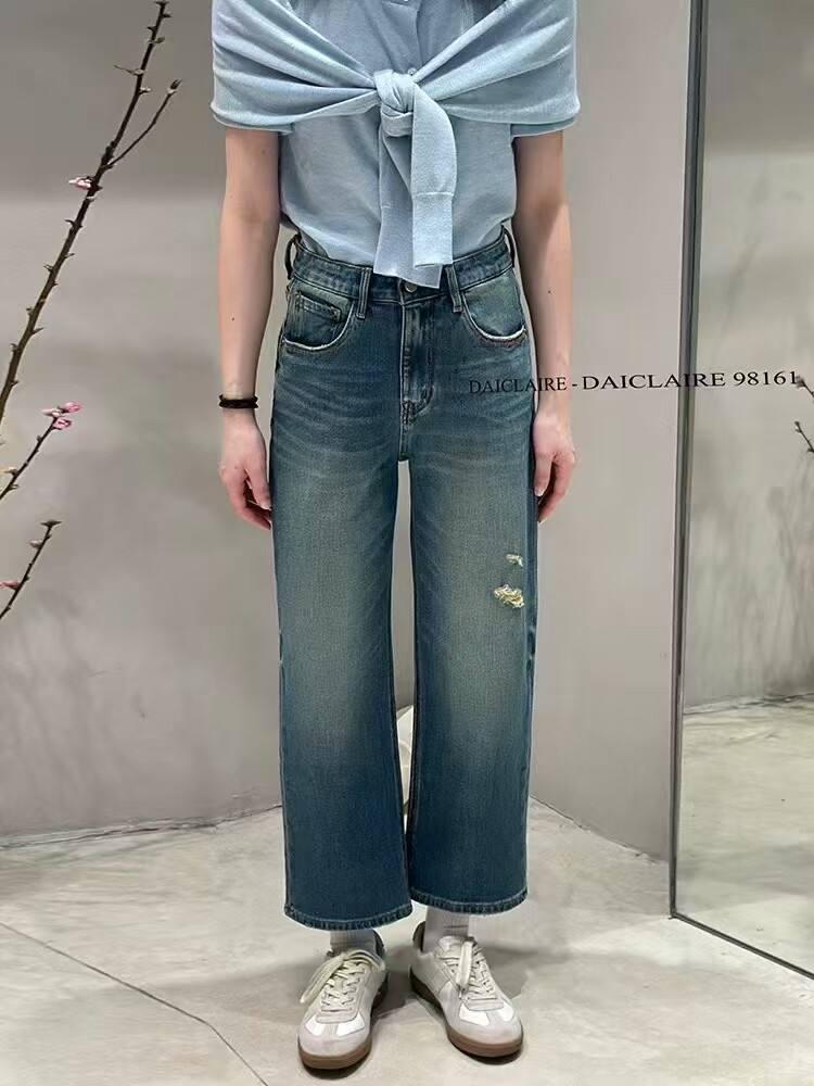 代嘉儿98161牛仔裤2025女春款阔腿裤宽松高腰蓝色弹力九分奶奶裤