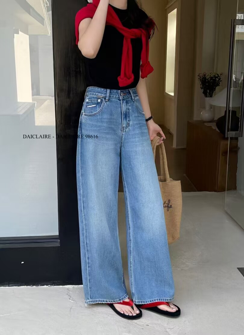 daiclaire代嘉儿牛仔裤女98616早春新款高腰宽松显瘦蓝色阔腿甩裤