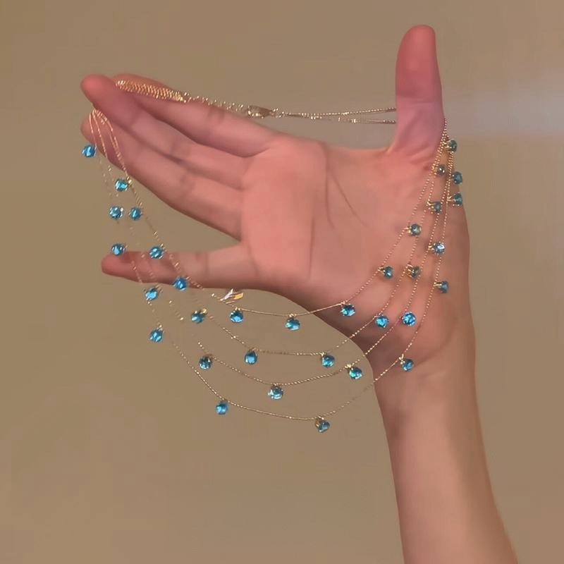 小红书同款多层叠戴蓝色水晶吊坠项链小众时尚设计轻奢气质锁骨链