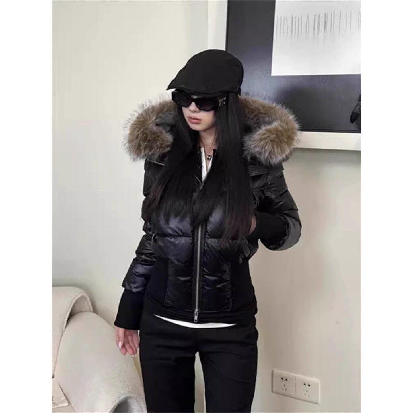 黑色毛毛领连帽棉服女秋冬季加厚派克棉服修身短款棉袄外套上衣