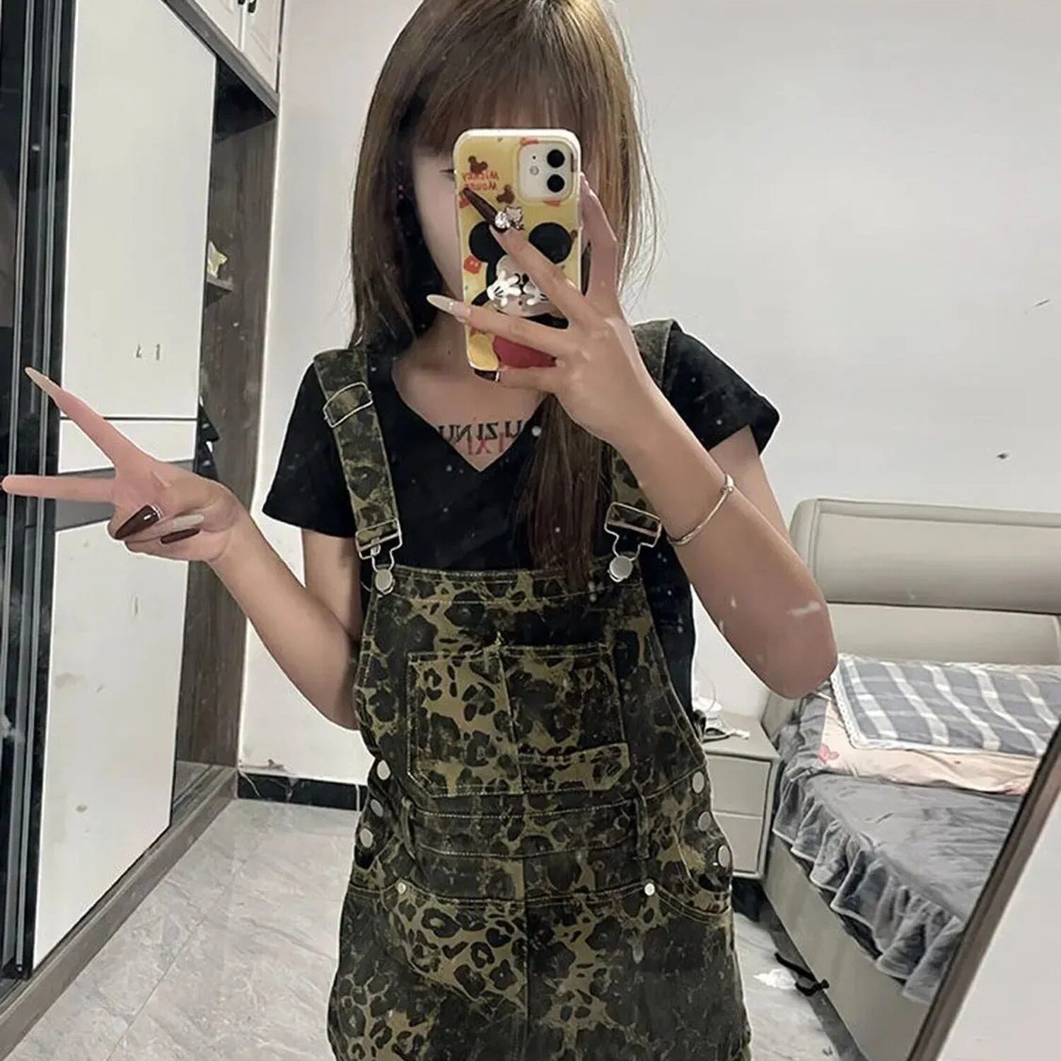 ZY61夏季欧美拉德复古豹纹牛仔短裙子女千禧辣妹风减龄百搭背带