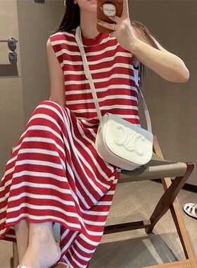 ZY611法式度假长款裙子背心无袖红色条纹薄吊带连衣裙女2026夏