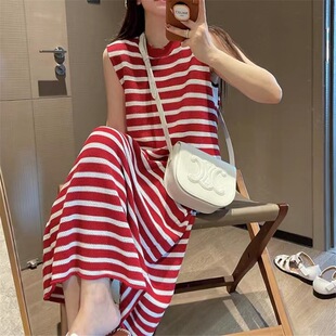 ZY611法式度假长款裙子背心无袖红色条纹薄吊带连衣裙女2026夏