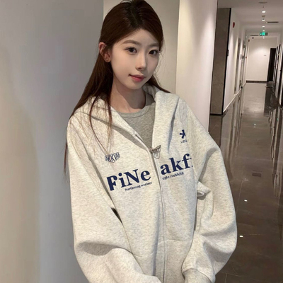 重磅纯棉2025新款美式街头开衫连帽卫衣女百搭宽松慵懒风拉链外套