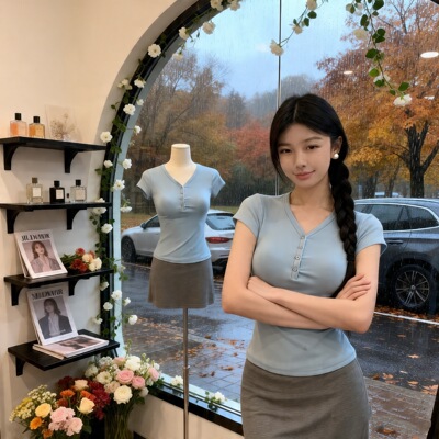 ZY62mm525美式复古V领排扣短袖T恤女气质修身显瘦短上衣