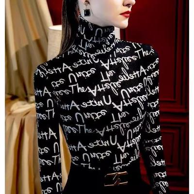 S28高领打底衫女穿搭修身内搭双面抓绒堆堆领字母款磨毛上衣