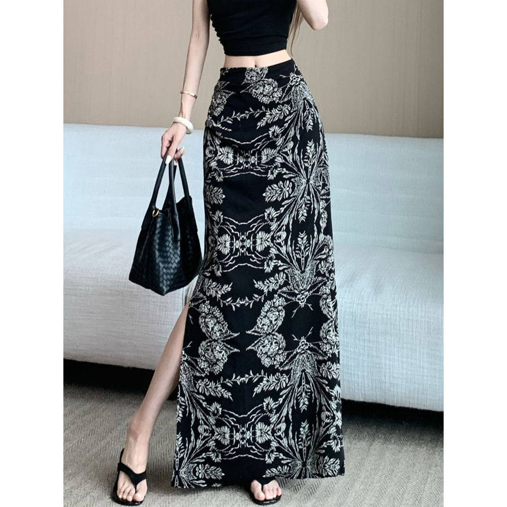 2025复古印花半身裙女夏季薄款修身显瘦时尚气质侧开叉包臀裙