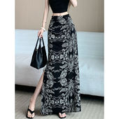 显瘦时尚 修身 气质侧开叉包臀裙 薄款 2025复古印花半身裙女夏季