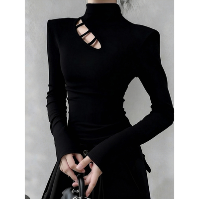 2025新款修身秋冬辣妹镂空半高领磨毛打底衫女内搭长袖t恤上衣