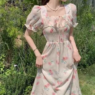 ZY712mm65法式减龄泡泡袖碎花连衣裙夏季收腰显瘦仙女森系中长裙