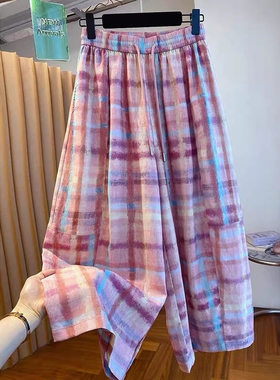 ZY88CD728 2026新款3特大码300斤格纹九分阔腿裤女夏宽松休闲长裤