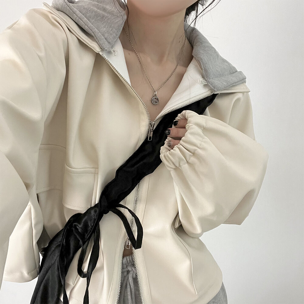 ZM韩国chic冬复古洋气拉链大口袋休闲宽松百搭短款连帽皮衣外套女