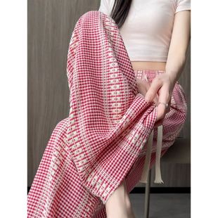 2025格子裤女2025夏薄款高腰垂感慵懒阔腿裤花色粉色裤子
