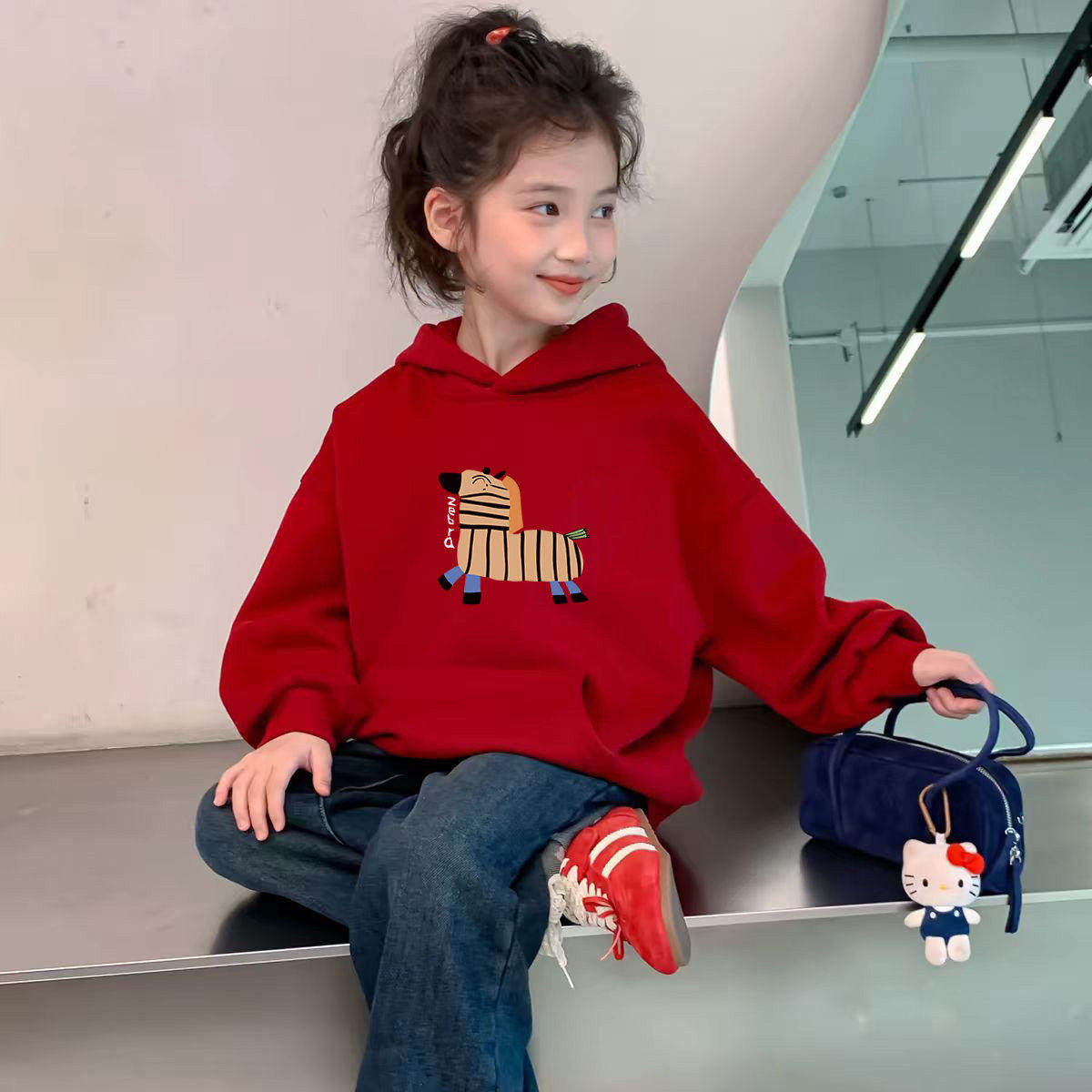 女童加绒卫衣2026新款加厚儿童衣服中大儿童本命年红色小女孩上衣