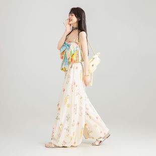 肌理感碎花绉布阔腿裤女夏季梨型休闲宽松花苞裙裤灯笼长裤