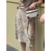 百搭 高腰显瘦时尚 杏色图案印花设计半身裙女2025夏季 流行新款