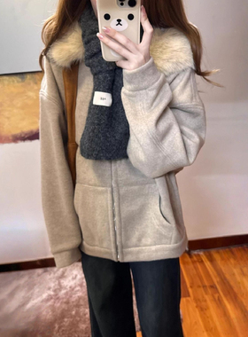燕麦色连帽可拆卸毛领外套女入冬高级感秋冬季休闲卫衣潮流开衫