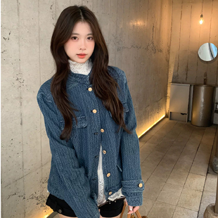 2026新款修身外套女秋季短款小众设计感立领蓝色夹克上衣