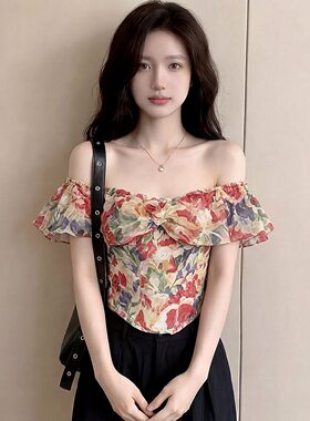 ZY627mm624法式花朵温柔风碎小衫碎花鱼骨一字肩上衣女夏