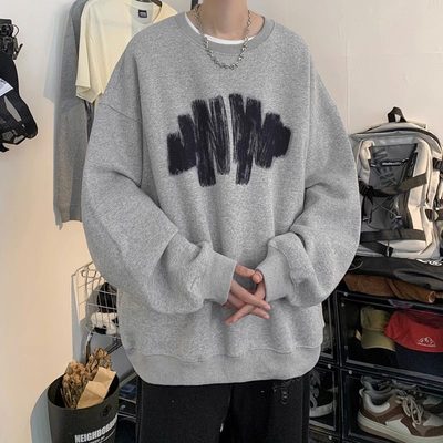 圆领纯棉卫衣男款港风ins简约潮流百搭宽松秋冬季韩版帅气休闲衣