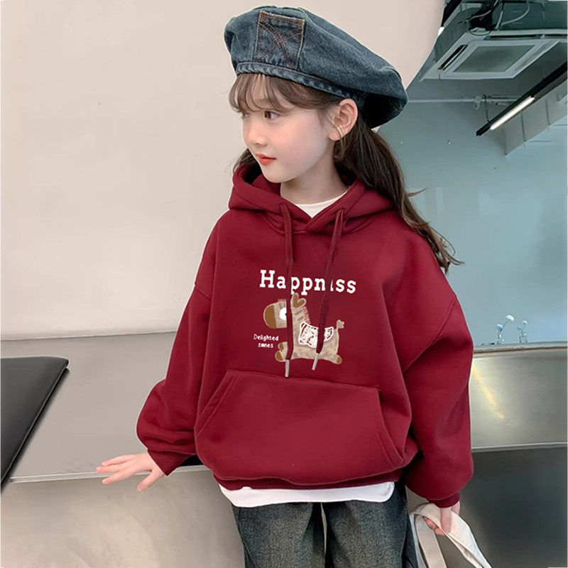 女童连帽卫衣2026秋冬新款儿童卡通上衣小女孩红色加绒加厚打底衫