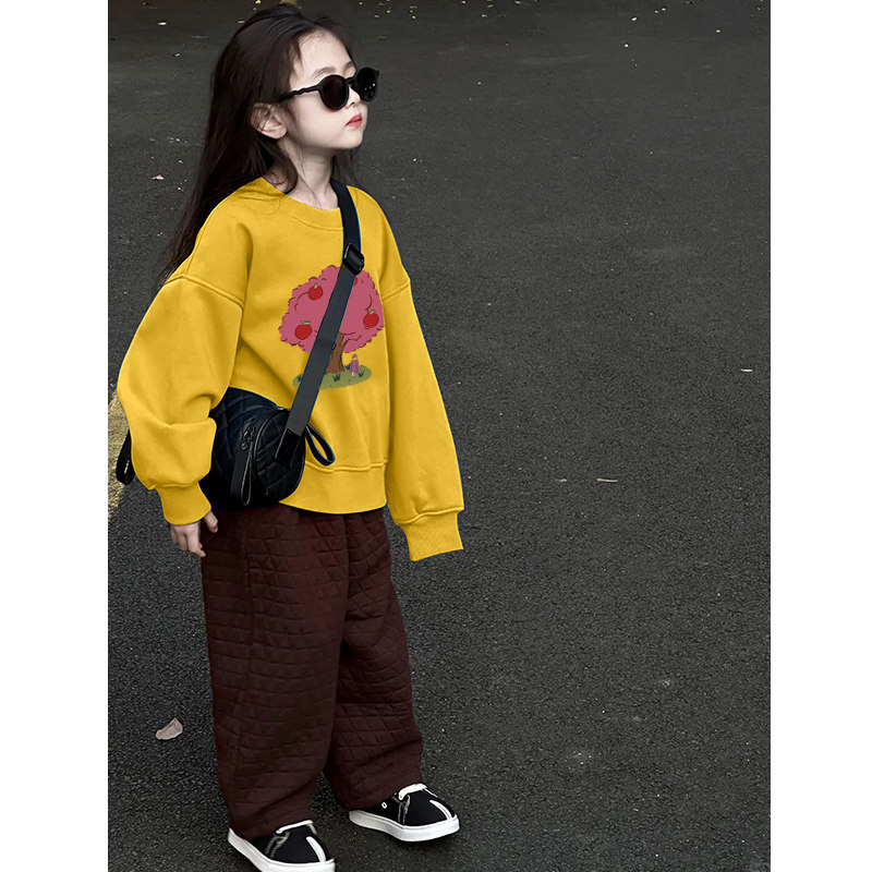 可爱卡通印花女童黄色圆领卫衣秋冬季新款加绒加厚中小童女孩上衣
