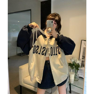 设计感小众卫衣外套女秋冬季韩版宽松bf慵懒风加绒加厚棒球服开衫